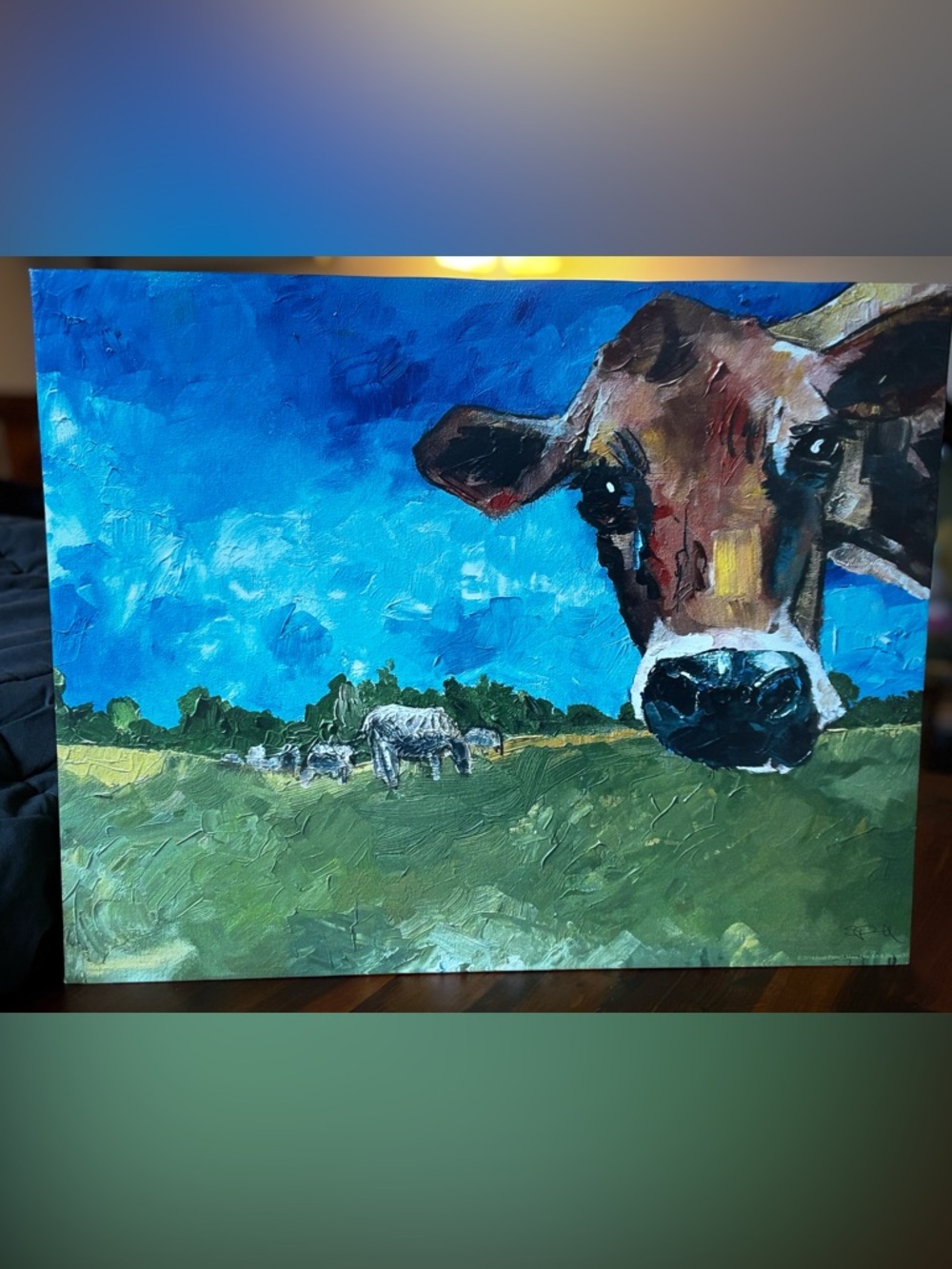 Blue & Green Cow Portrait Canvas Wall Art